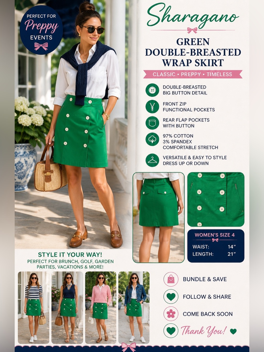 Sharagano Green Double-Breasted Wrap Skirt – Women’s Size 4